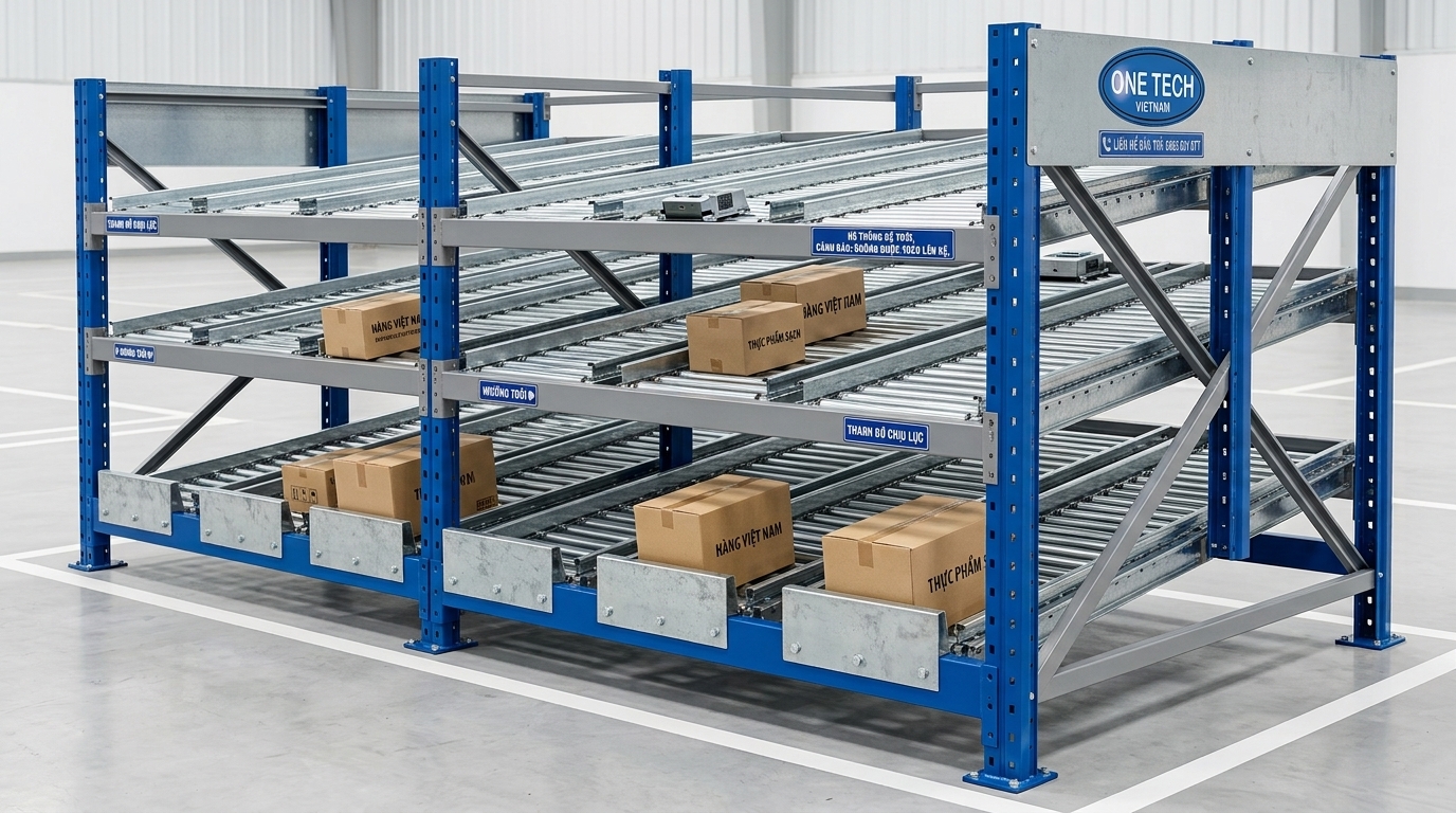 Cấu tạo kệ con lăn flowrack gồm chân trụ beam ray con lăn và tấm chặn
