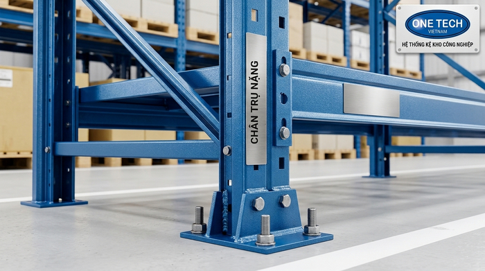 Cấu tạo kệ pallet chịu tải gồm chân trụ thanh beam giằng và bu lông neo sàn