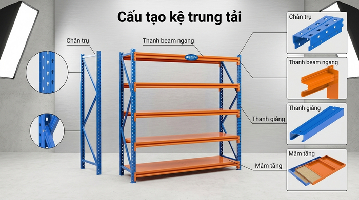 Cấu tạo kệ trung tải Cà Mau Cấu tạo kệ trung tải Cà Mau gồm chân trụ beam mâm tầng và giằng