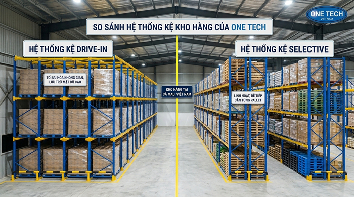 So sánh kệ drive in và kệ selective trong kho hàng Cà Mau