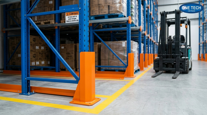 Bộ phận bảo vệ chân kệ drive in tại đầu dãy xe nâng