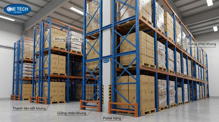 Khung giằng kệ drive in giúp hệ thống ổn định khi chịu tải