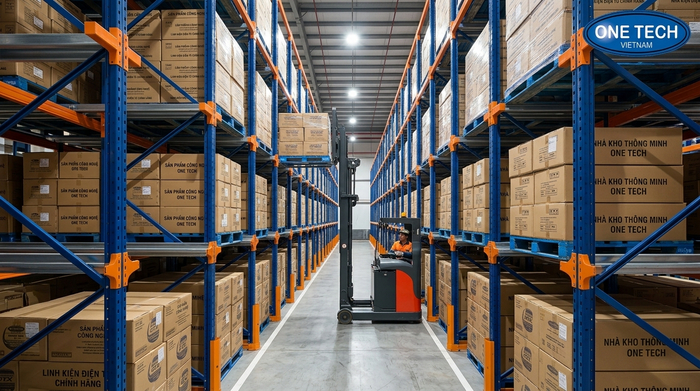 Xe nâng di chuyển vào bên trong hệ thống kệ drive in