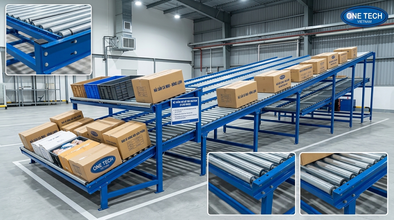 Kệ Flow racks Cà Mau vận hành theo nguyên tắc FIFO trong kho hàng
