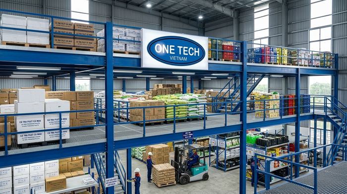 Kệ sàn mezzanine Cà Mau trong kho hàng cao tầng