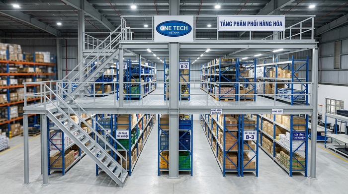 Kệ sàn mezzanine kết hợp kệ trung tải trong kho hàng