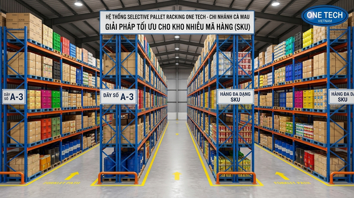 Kệ Selective chứa pallet phù hợp kho nhiều mã hàng tại Cà Mau