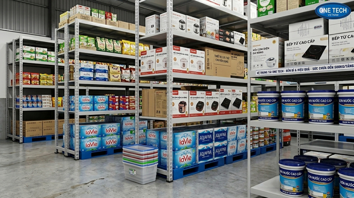 Kệ trung tải cửa hàng bán lẻ Cà Mau Kệ trung tải Cà Mau dùng trong cửa hàng bán lẻ và kho sau siêu thị mini