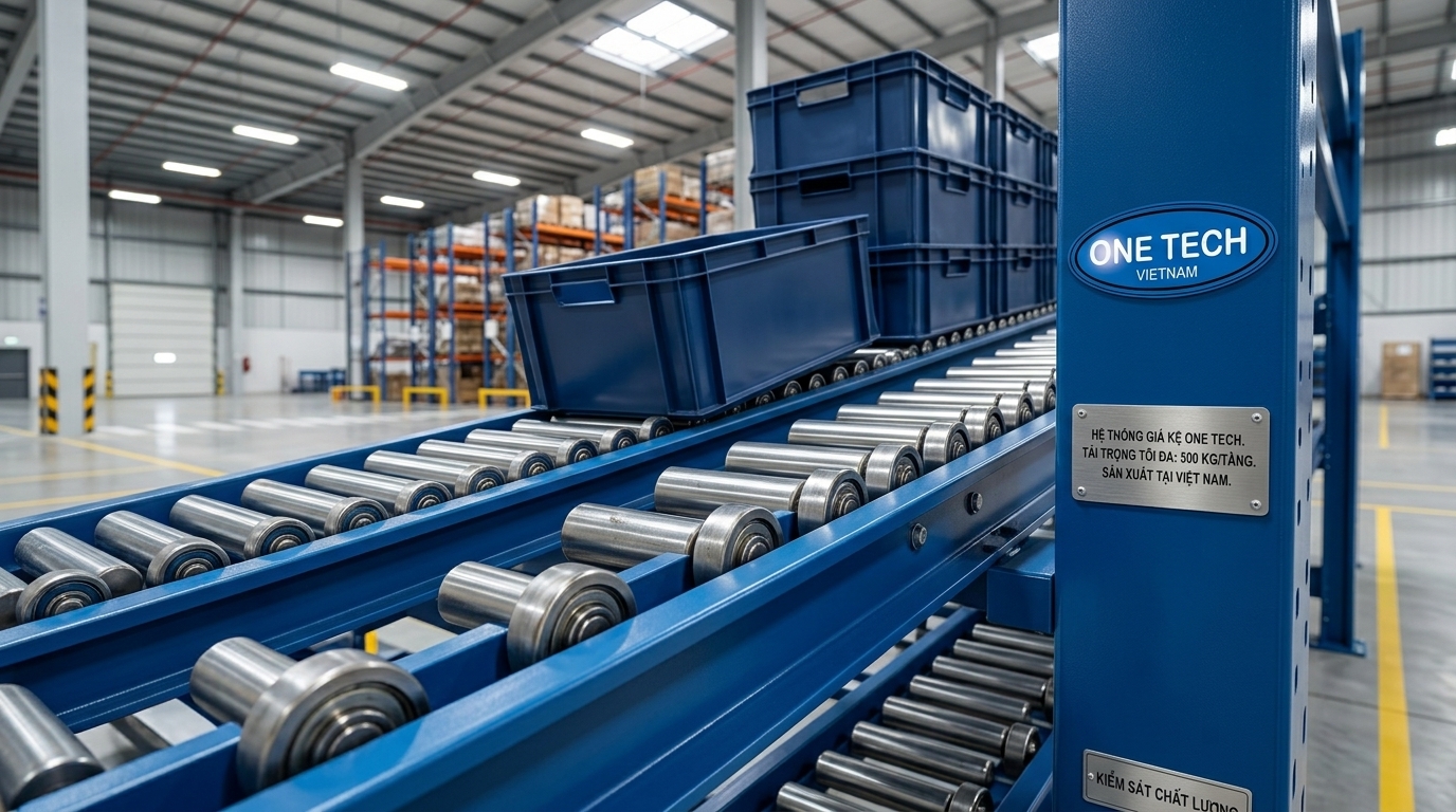 Chi tiết ray con lăn của kệ flowrack giúp hàng trượt đều trong kho