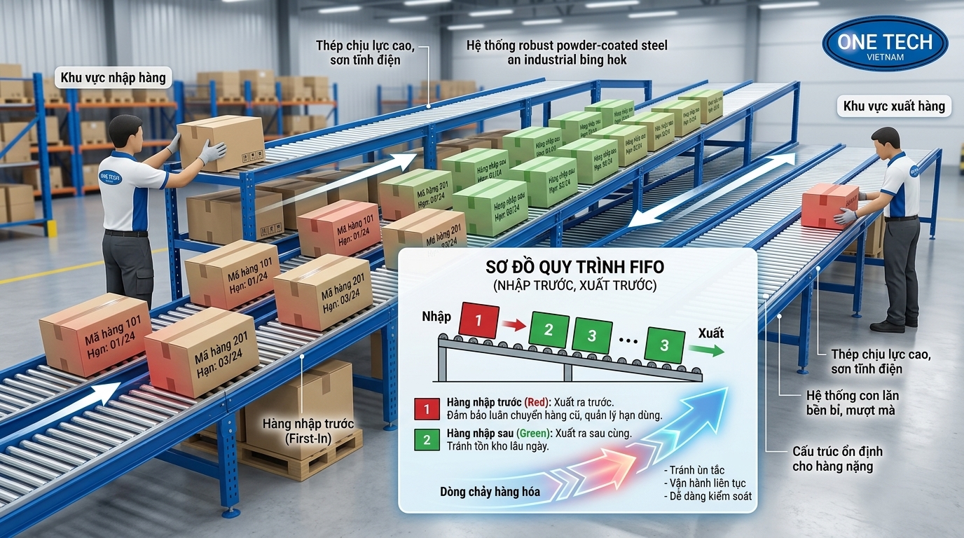 Sơ đồ FIFO trên kệ Flow racks Cà Mau giúp hàng nhập trước xuất trước