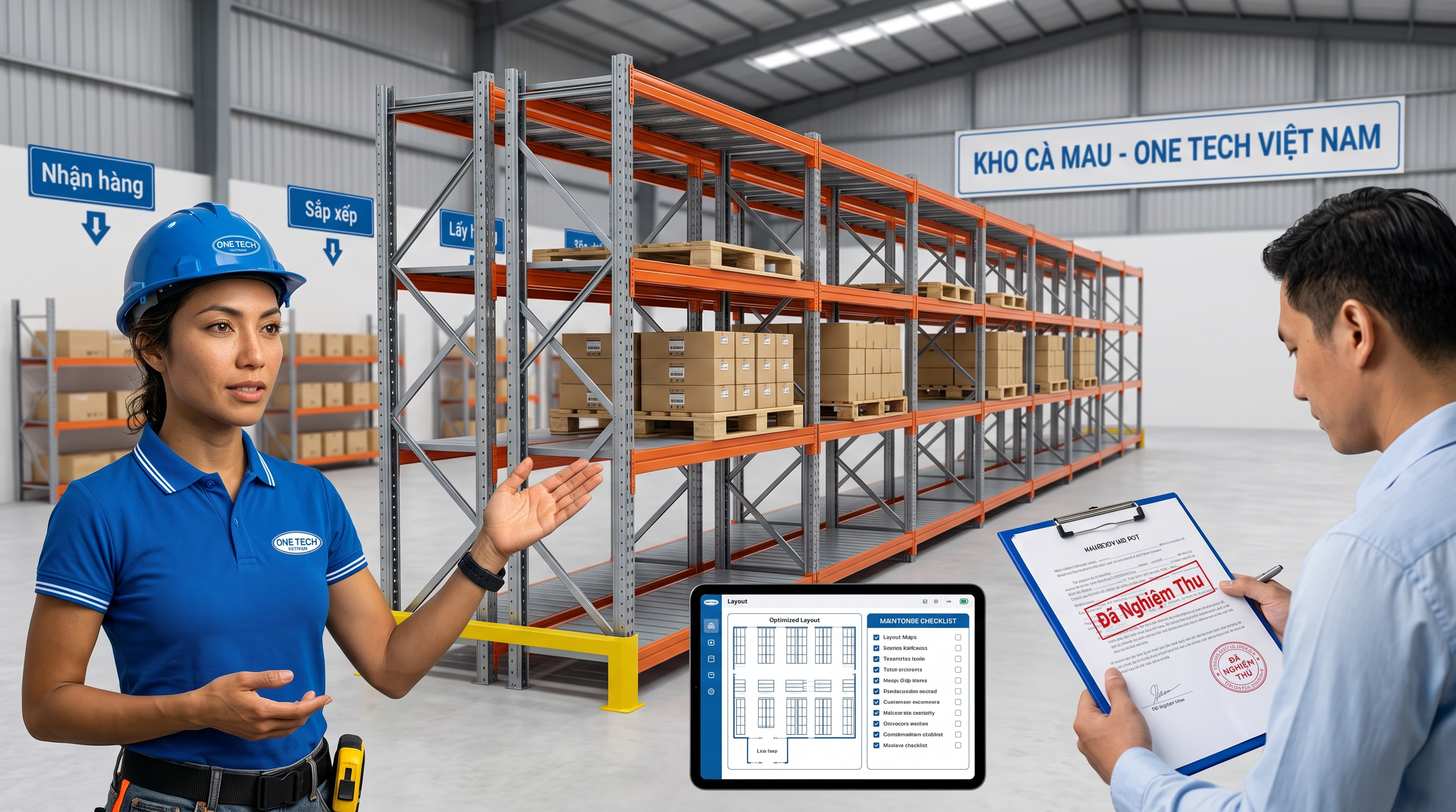 Bàn giao kệ kho trung chuyển Cà Mau Bàn giao hệ thống kệ kho trung chuyển Cà Mau sau lắp đặt và nghiệm thu