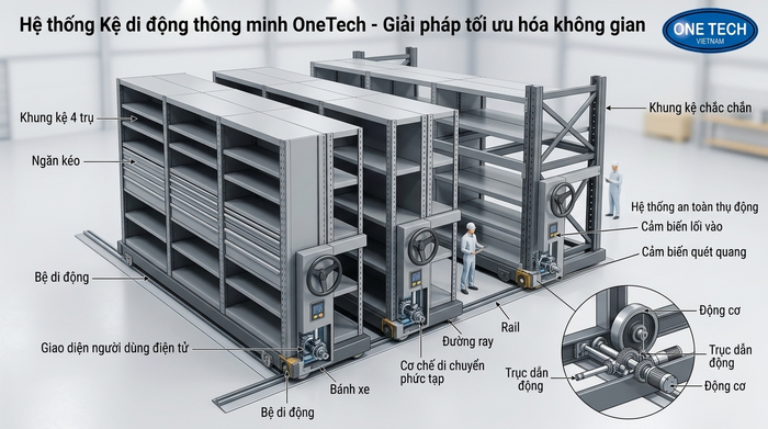 Cấu tạo kệ kho di động Cà Mau Cấu tạo cơ bản của kệ kho di động gồm khung kệ ray beam và cơ cấu di chuyển