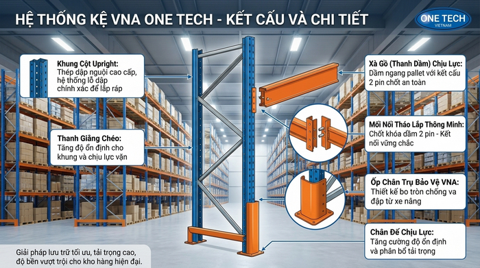 Cấu tạo Kệ Narrow Aisle Cà Mau Cấu tạo hệ thống kệ narrow aisle gồm khung cột thanh beam giằng và bảo vệ chân trụ