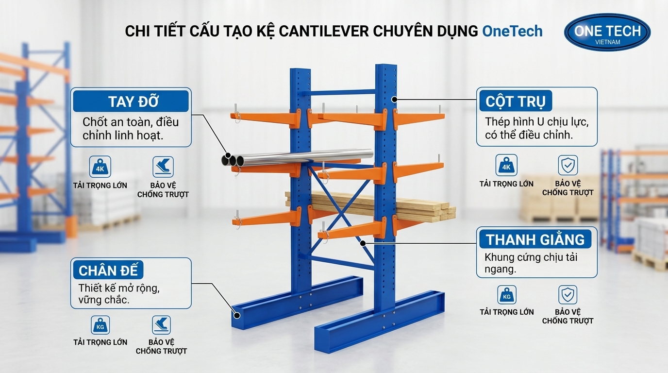 Cấu tạo kệ cantilever gồm chân đế cột trụ tay đỡ và thanh giằng