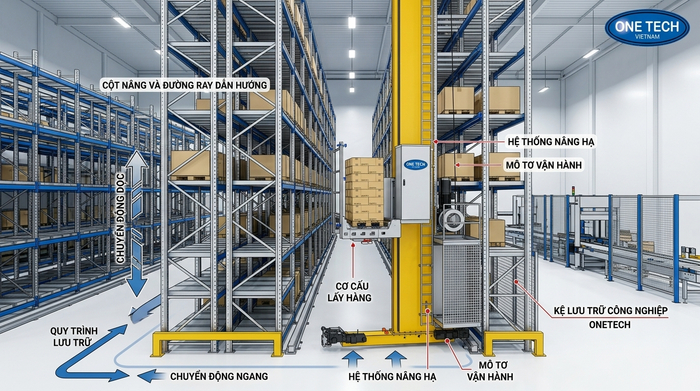 Cấu tạo cơ bản của stacker crane trong kho hàng tự động