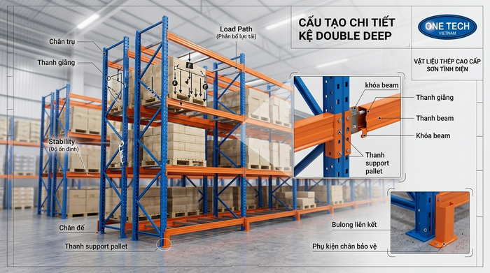 Chi tiết cấu tạo kệ Double Deep Cà Mau gồm chân trụ beam giằng support pallet