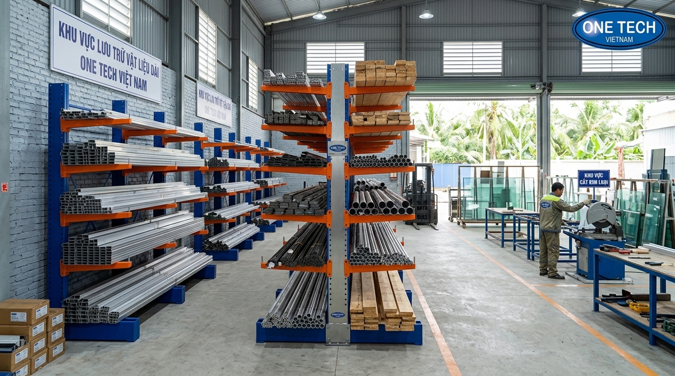 Kệ cantilever cho xưởng cơ khí nhôm kính tại Cà Mau