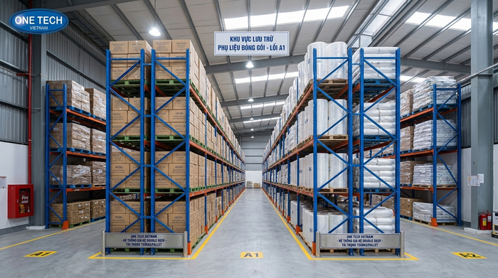 Kệ Double Deep Cà Mau dùng cho kho bao bì và nguyên liệu đóng pallet
