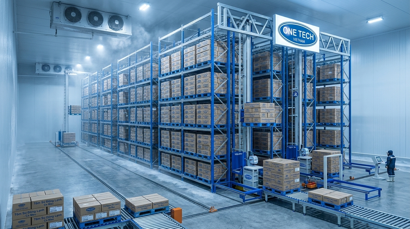 Kệ kho ASRS Cà Mau trong kho lạnh thủy sản Kệ kho ASRS Cà Mau trong kho lạnh thủy sản