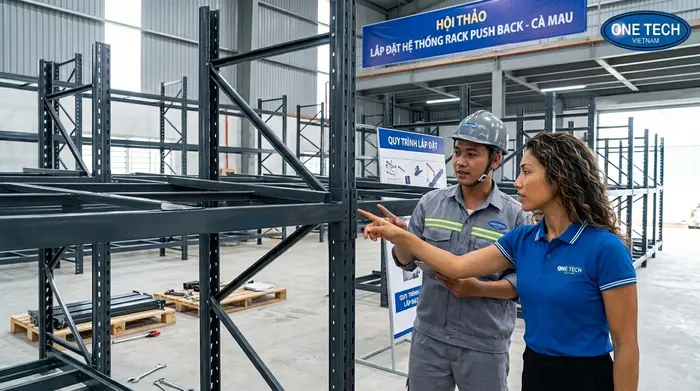 Quy trình lắp đặt kệ Push Back Cà Mau tại kho hàng