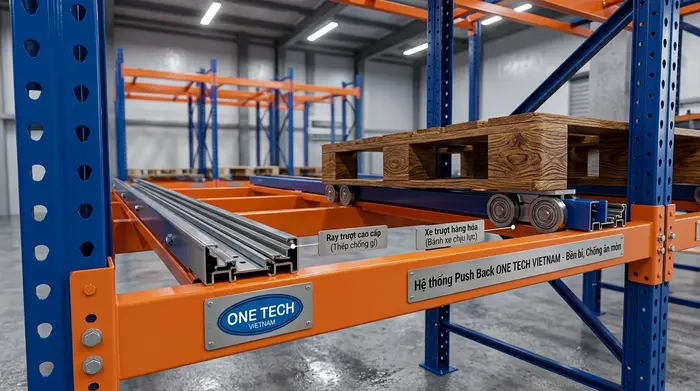 Ray trượt và xe trượt trong hệ thống kệ Push Back Cà Mau