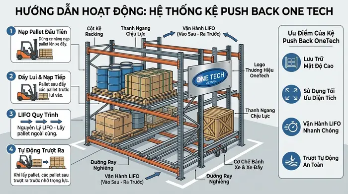 Sơ đồ lưu trữ pallet theo chiều sâu của kệ Push Back Cà Mau
