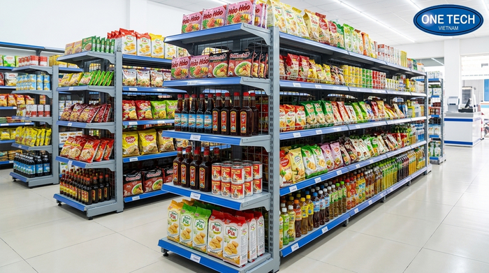 Kệ sắt v lỗ trưng bày sản phẩm trong siêu thị mini ở TP Cà Mau