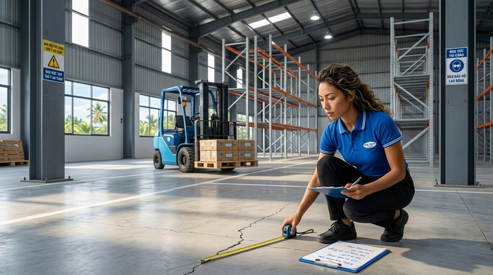 Khảo sát lắp đặt kệ kho di động Cà Mau Khảo sát nền kho và luồng xe nâng trước khi lắp đặt kệ kho di động