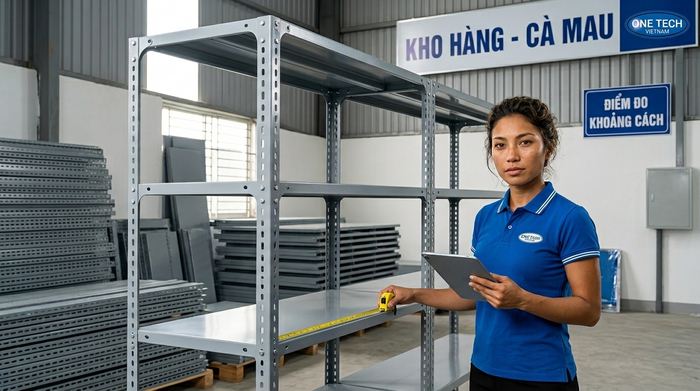Chuyên viên OneTech khảo sát hiện trường lắp đặt kệ sắt v lỗ tại Cà Mau