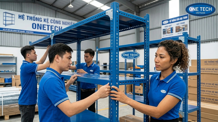 Đội ngũ kỹ thuật viên OneTech lắp đặt kệ sắt v lỗ tại Cà Mau