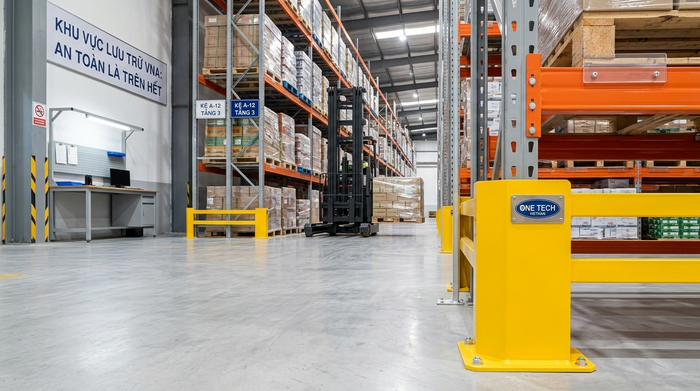 Phụ kiện an toàn cho kệ VNA trong kho hàng Cà Mau Phụ kiện bảo vệ chân trụ và thanh chắn pallet cho kệ VNA