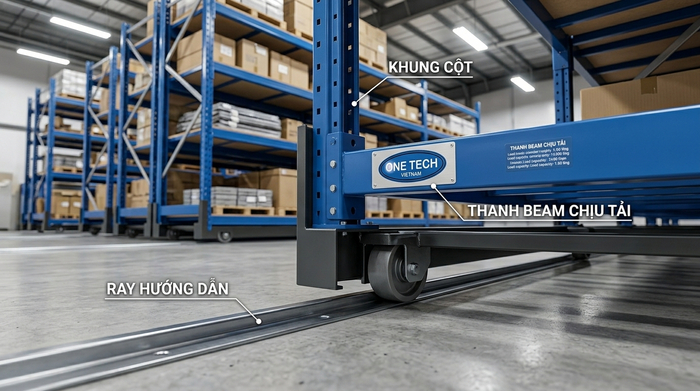 Kệ di động có ray và beam cho kho hàng Cà Mau Ray và beam trong hệ thống kệ di động có ray và beam