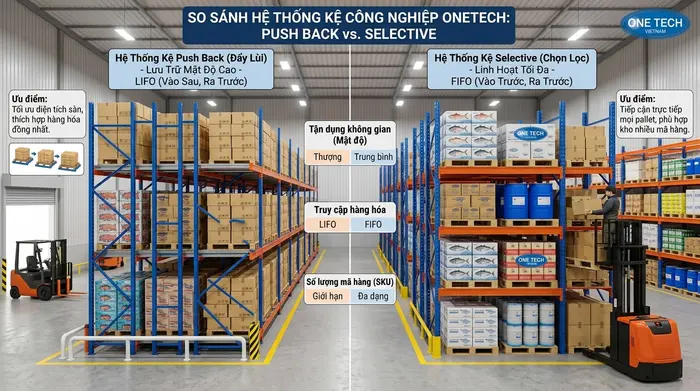 So sánh kệ Push Back Cà Mau và kệ Selective