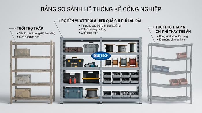So sánh kệ sắt v lỗ với kệ gỗ và kệ nhựa về chi phí và độ bền