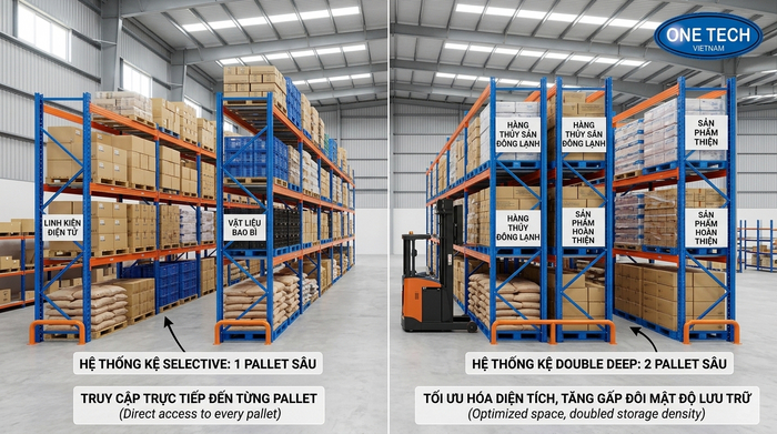 So sánh kệ Selective và kệ Double Deep trong kho hàng Cà Mau