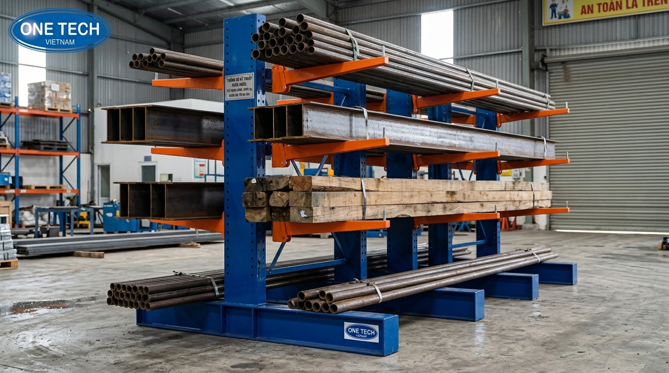 Tay đỡ kệ cantilever chịu tải cho hàng dài tại Cà Mau