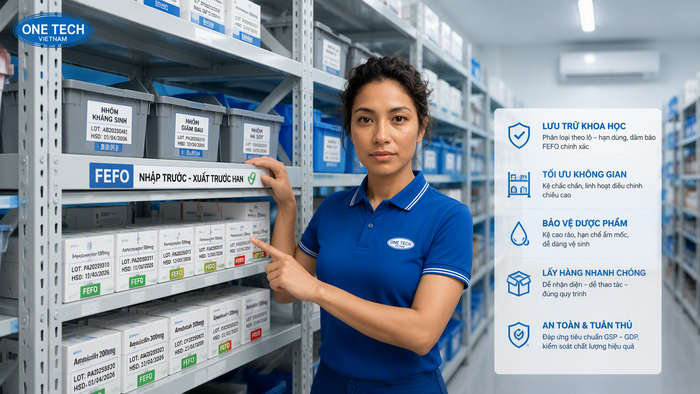 Kệ lưu trữ thuốc Cà Mau theo nguyên tắc FEFO Kệ lưu trữ thuốc Cà Mau hỗ trợ phân loại lô hàng và hạn sử dụng