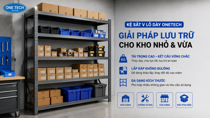 Kệ sắt V lỗ mâm dày cho kho nhỏ tại Cà Mau