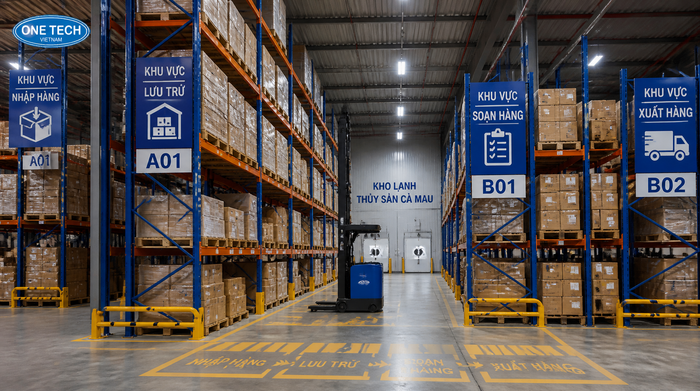 Layout kệ kho logistics Cà Mau tối ưu lối đi xe nâng
