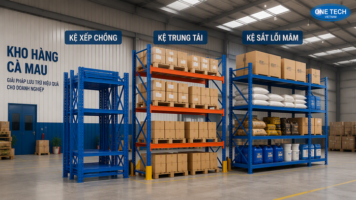 So sánh kệ xếp chồng Cà Mau với các dòng kệ kho So sánh kệ xếp chồng với kệ trung tải và kệ sắt lỗ mâm tại Cà Mau