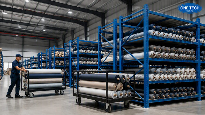 Xe đẩy vải kết hợp với kệ kho giúp xuất nhập hàng nhanh hơn