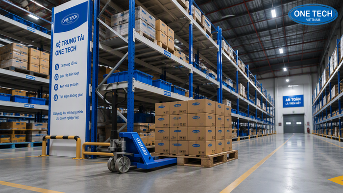 Xe nâng tay kết hợp kệ kho hàng tại Cà Mau