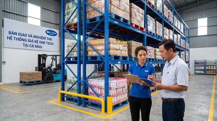 Bàn giao kệ kho FMCG Cà Mau sau lắp đặt Bàn giao và nghiệm thu hệ thống kệ kho FMCG tại Cà Mau