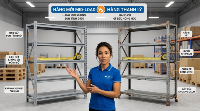So sánh kệ trung tải mới và kệ thanh lý giá rẻ cho kho hàng